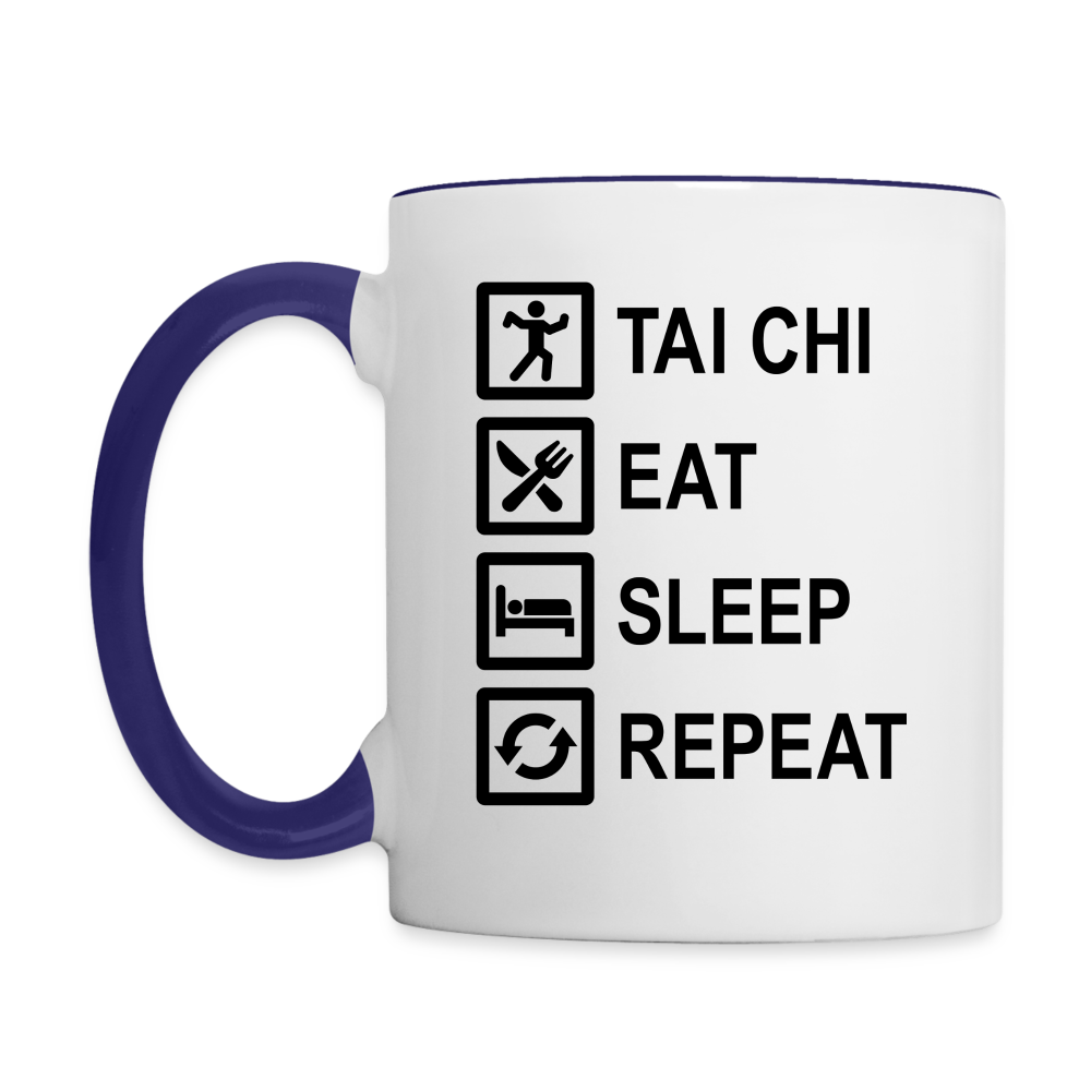 Tai Chi, Eat, Sleep, Repeat Coffee Mug - white/cobalt blue